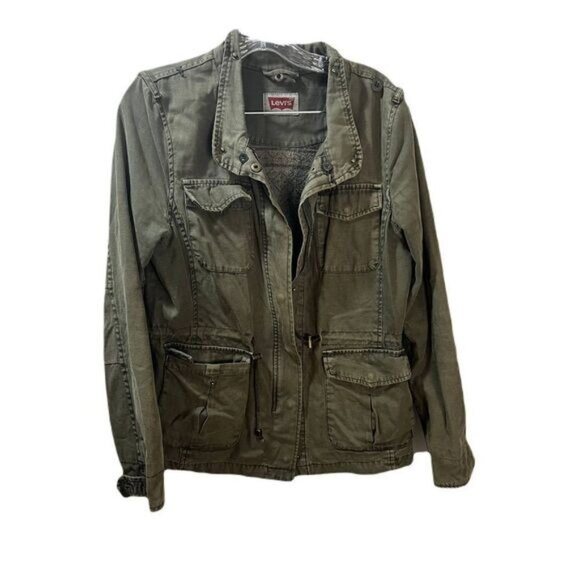 Levis Womens Olive Green Utility Military Style Jacket With Pockets Size L Cotto - Picture 1 of 8